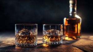two glasses of whiskey and a bottle