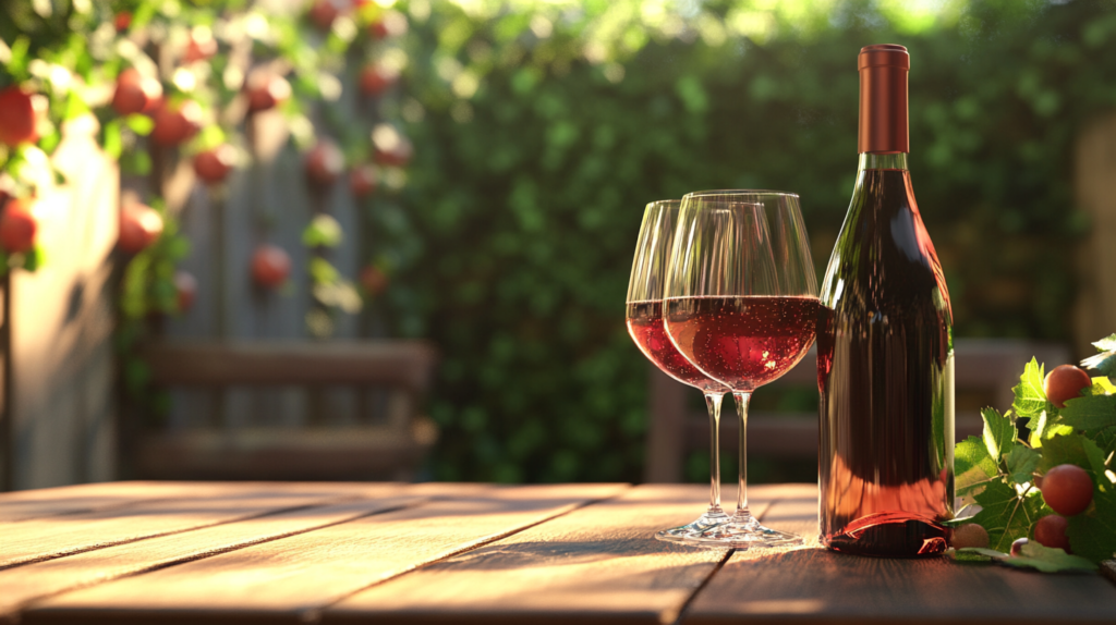 a bottle of red wine with two glasses