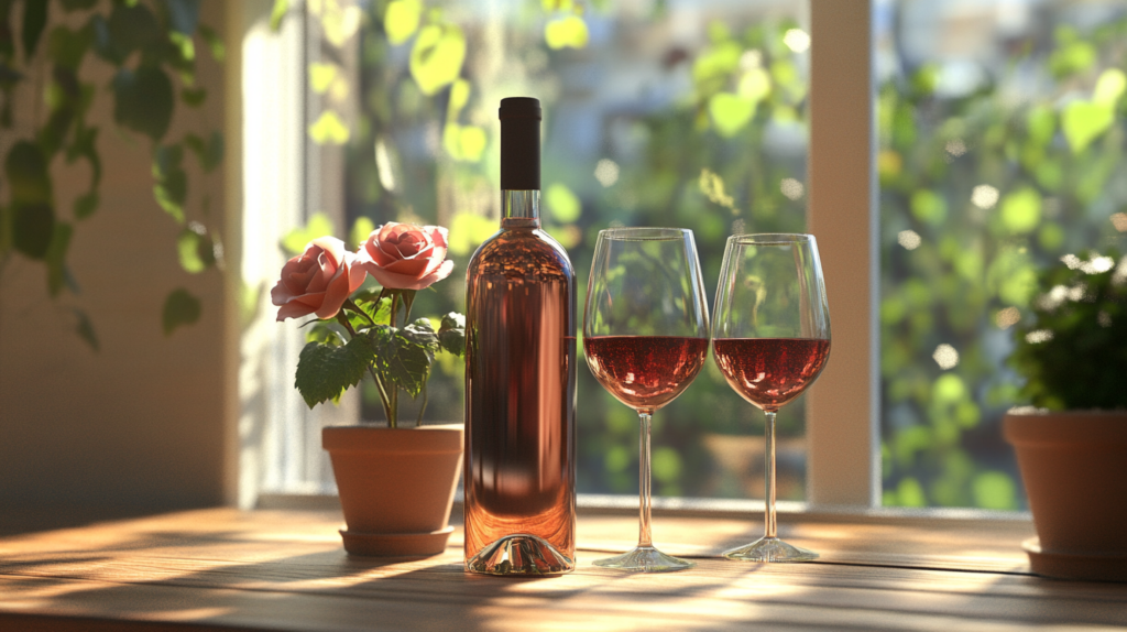 a bottle of rose with two glasses