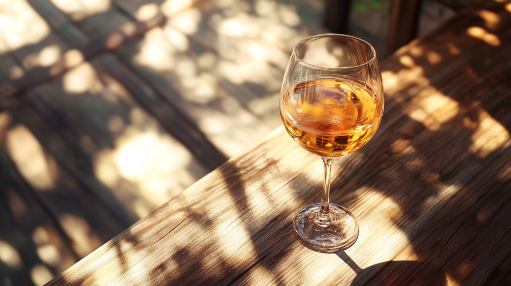 a glass of orange wine