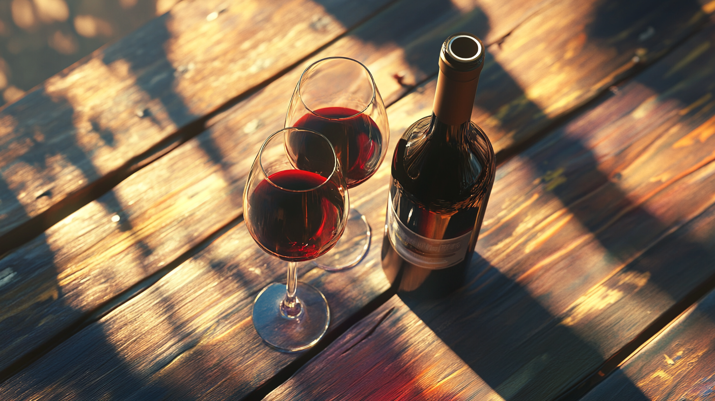 bottle of red wine with two wine glasses