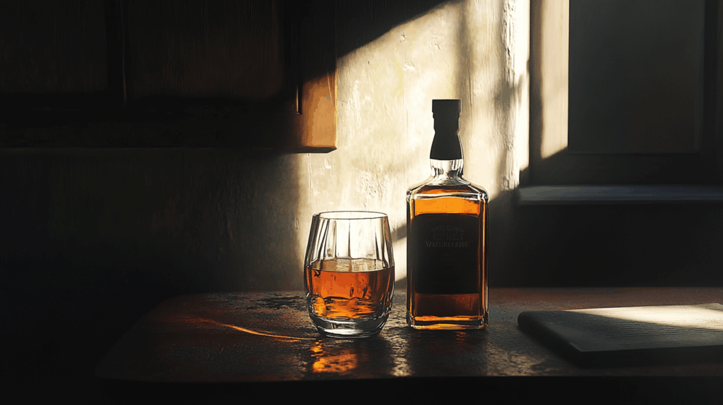 glass of whiskey and a bottle