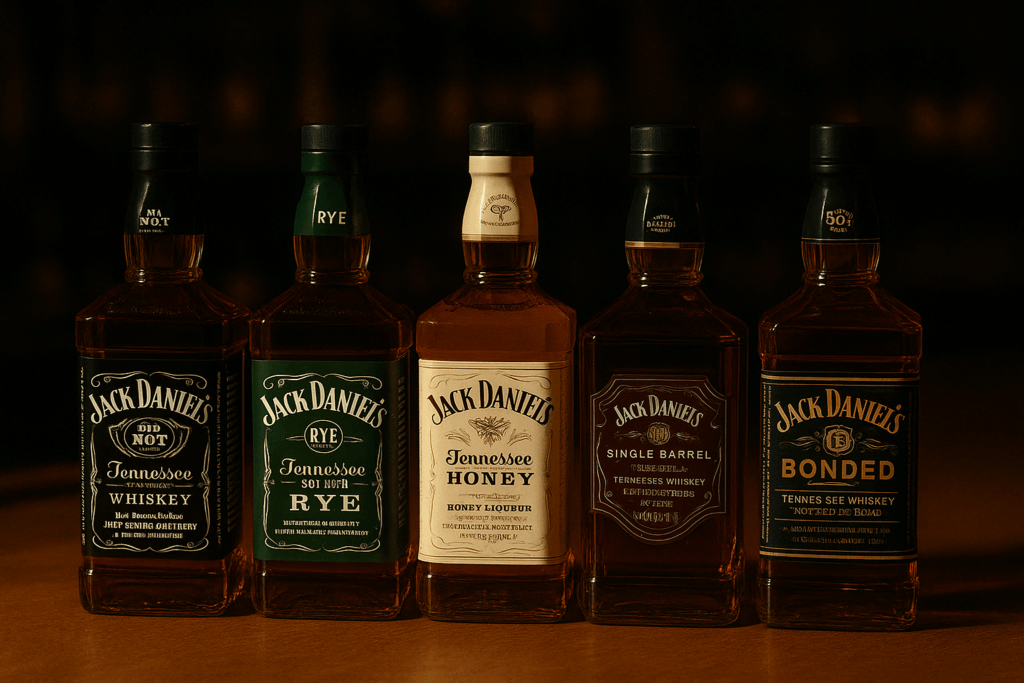 lineup of jack daniels bottles
