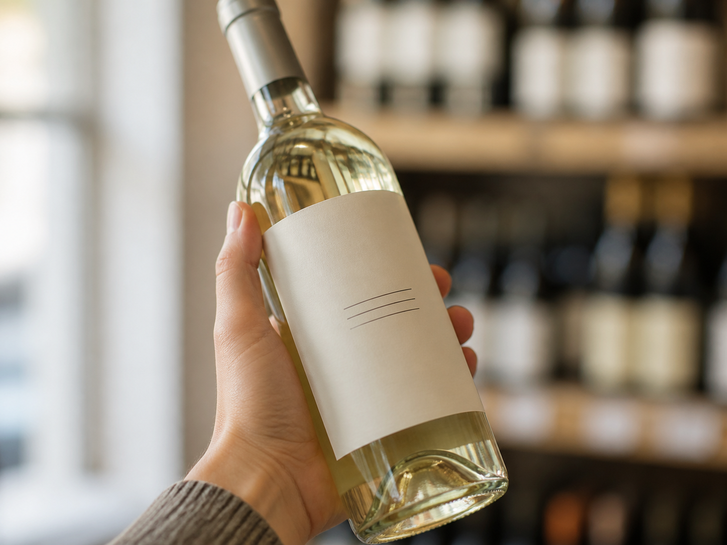 A shopper holding an unbranded white-wine bottle and checking its simple generic label.