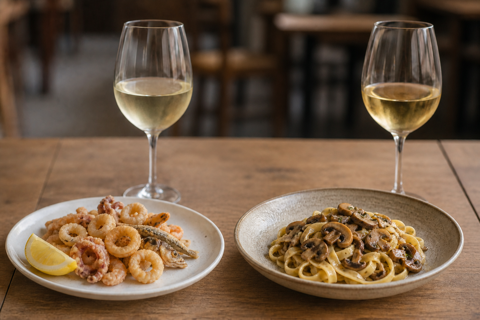 Fried seafood beside a pale white wine and mushroom pasta beside a deeper gold white wine.