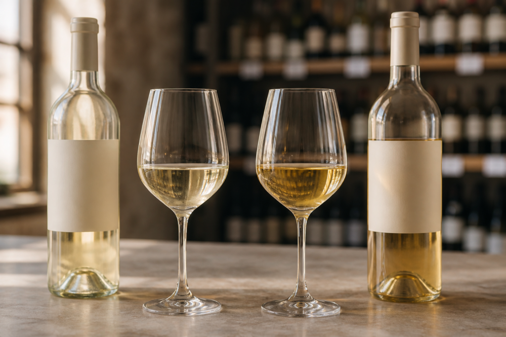 Two unbranded glasses of white wine, one pale and one deeper gold, beside plain bottles.