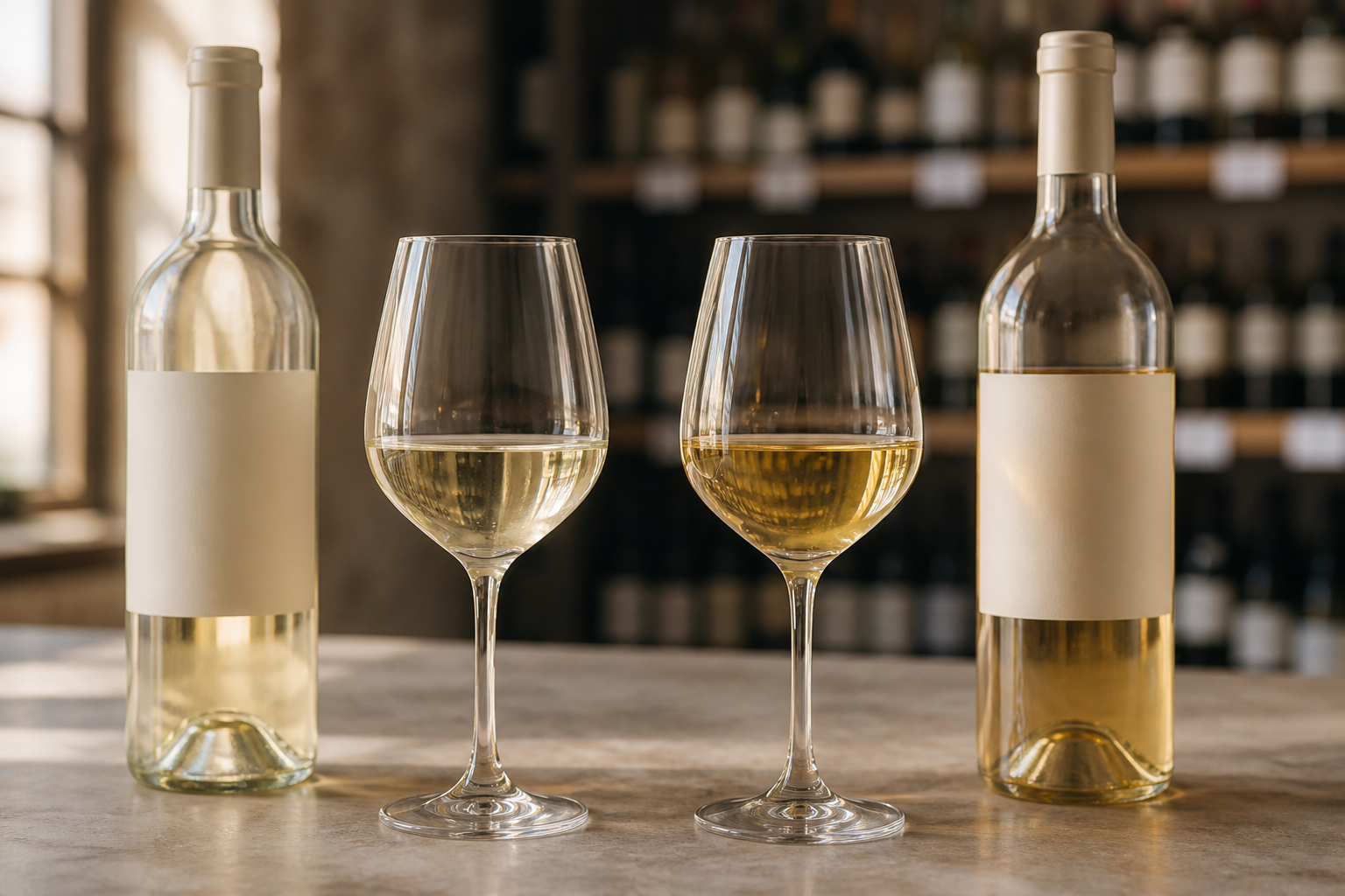 Two unbranded glasses of white wine, one pale and one deeper gold, beside plain bottles.