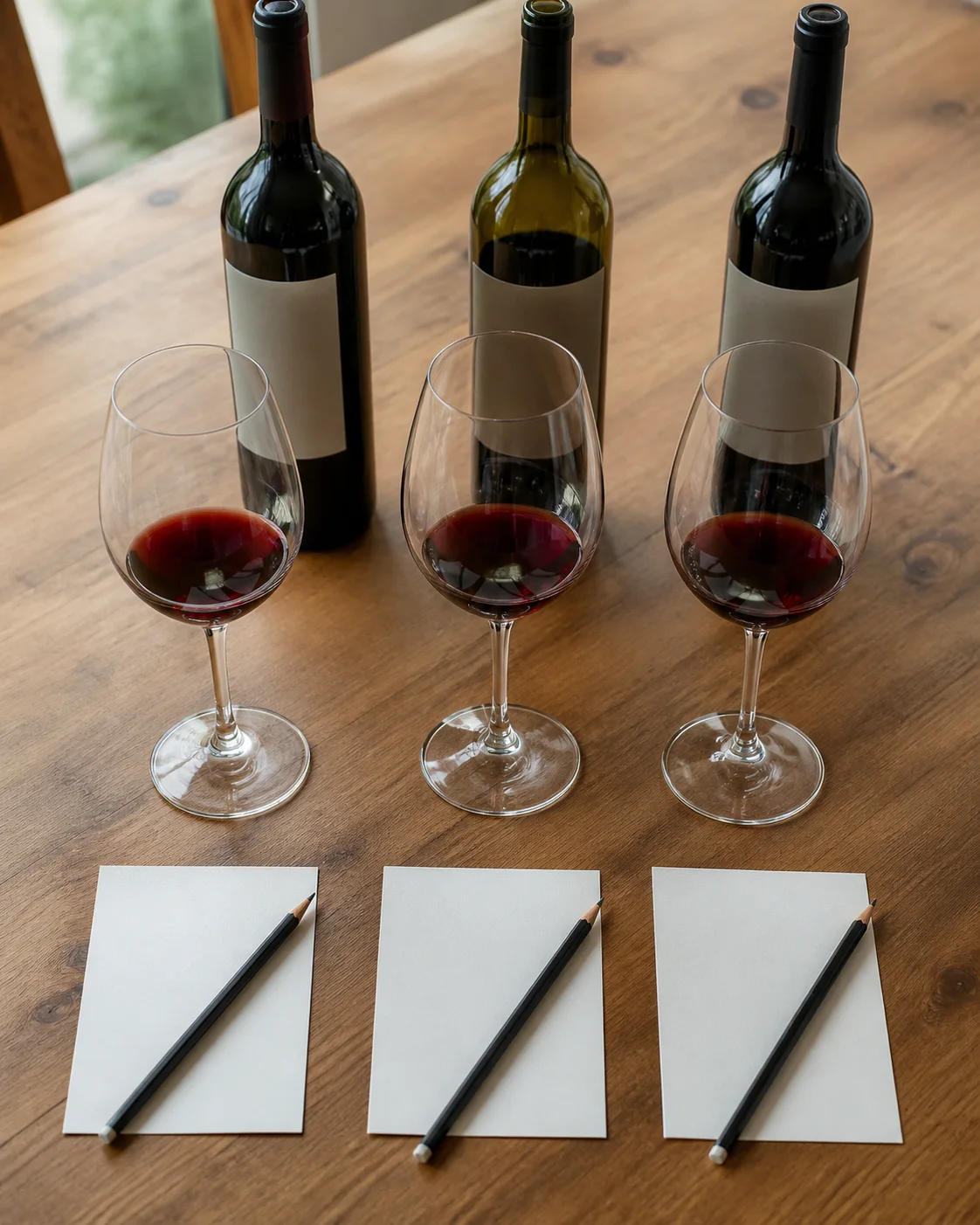Three glasses of red wine with blank tasting cards, pencils and unbranded bottles.