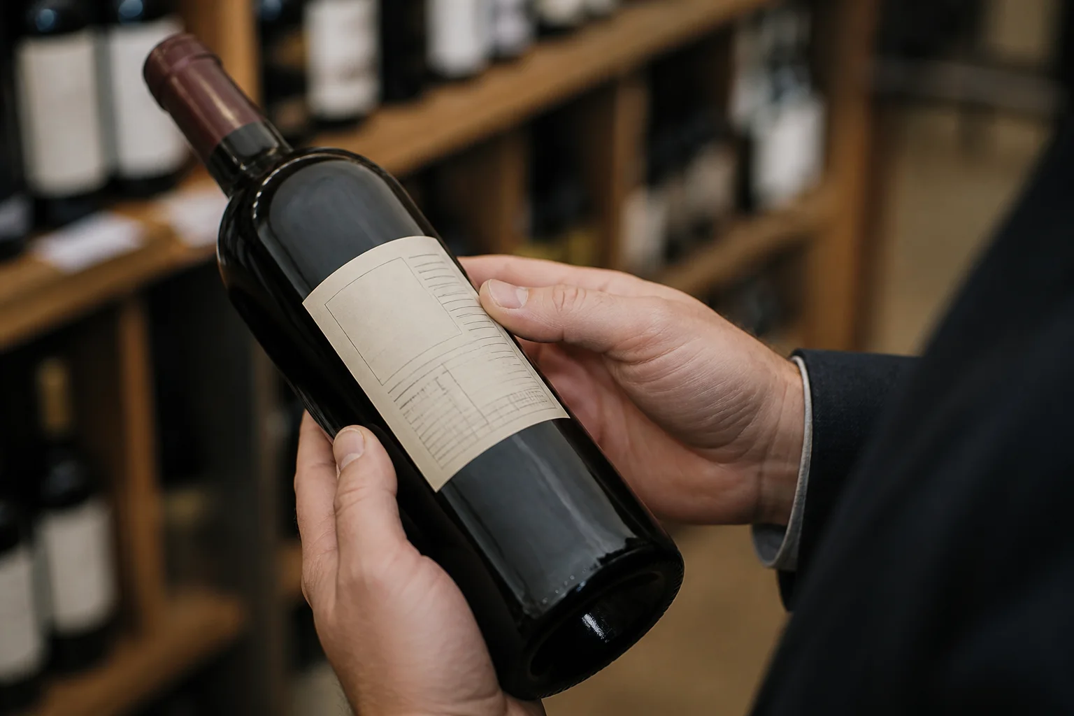 Hands examining the blank back label of an unbranded red-wine bottle in a shop.