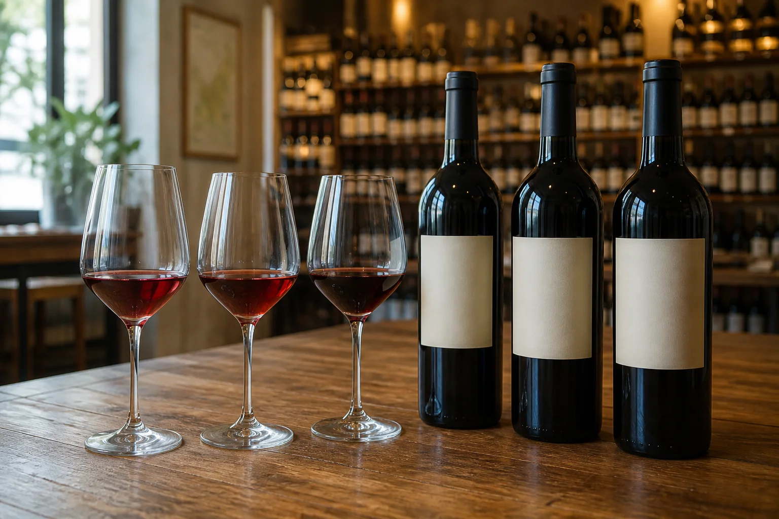 Three unbranded wine bottles and three glasses of red wine on a wooden tasting table.