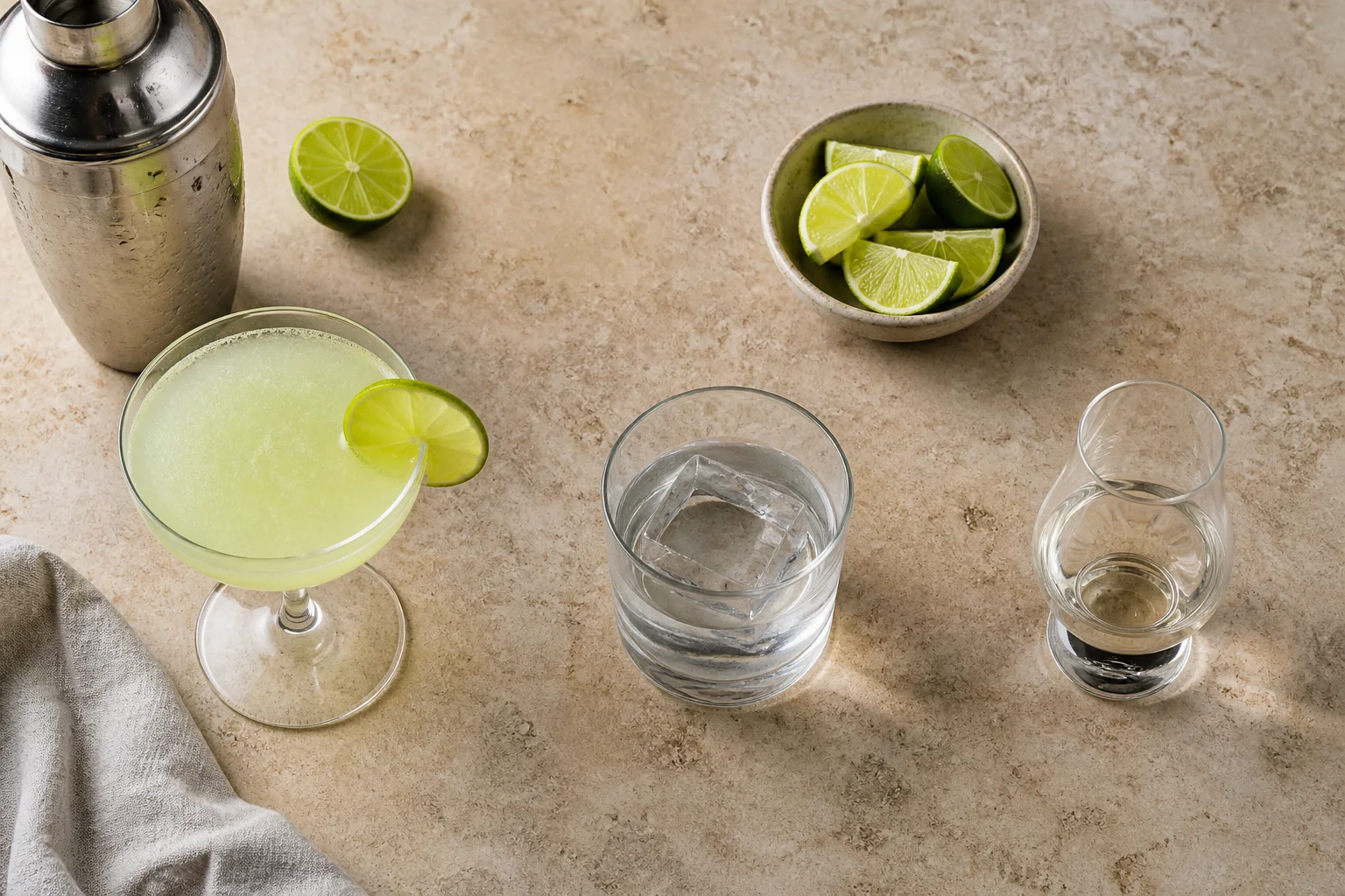 A lime cocktail, a drink over ice and a neat tasting pour on a stone table.
